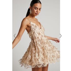 Showpo Nude Beaded Fringe Mini Dress